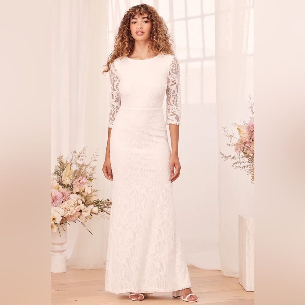 Lulus Adley White Lace Three-Quarter Backless Maxi Dress wedding bride Sz S